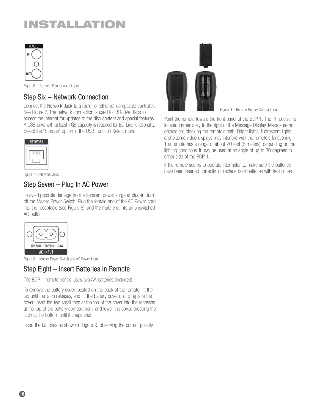 Harman-Kardon BDP 1 Step Six Network Connection, Step Seven Plug In AC Power, Step Eight Insert Batteries in Remote 