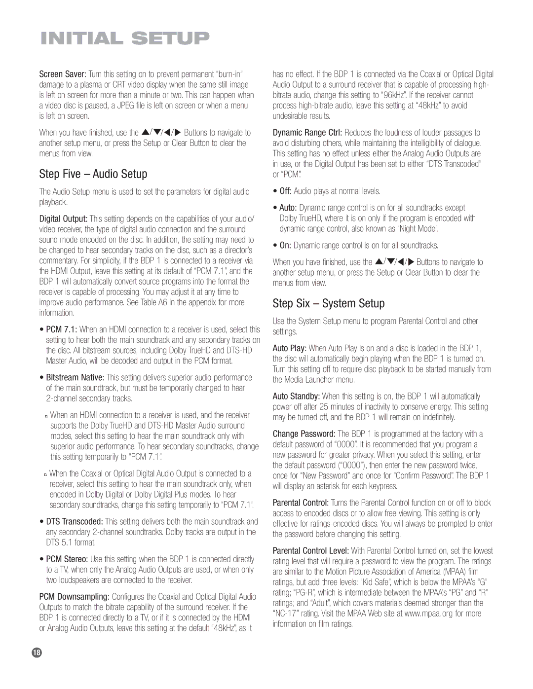 Harman-Kardon BDP 1 owner manual Step Five Audio Setup, Step Six System Setup, Off Audio plays at normal levels 