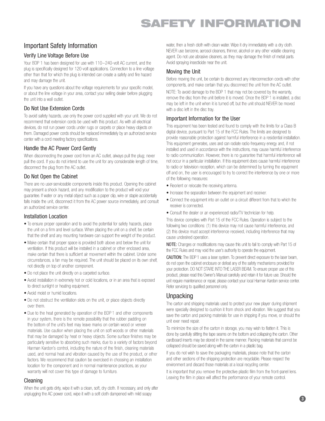 Harman-Kardon BDP 1 owner manual Important Safety Information 