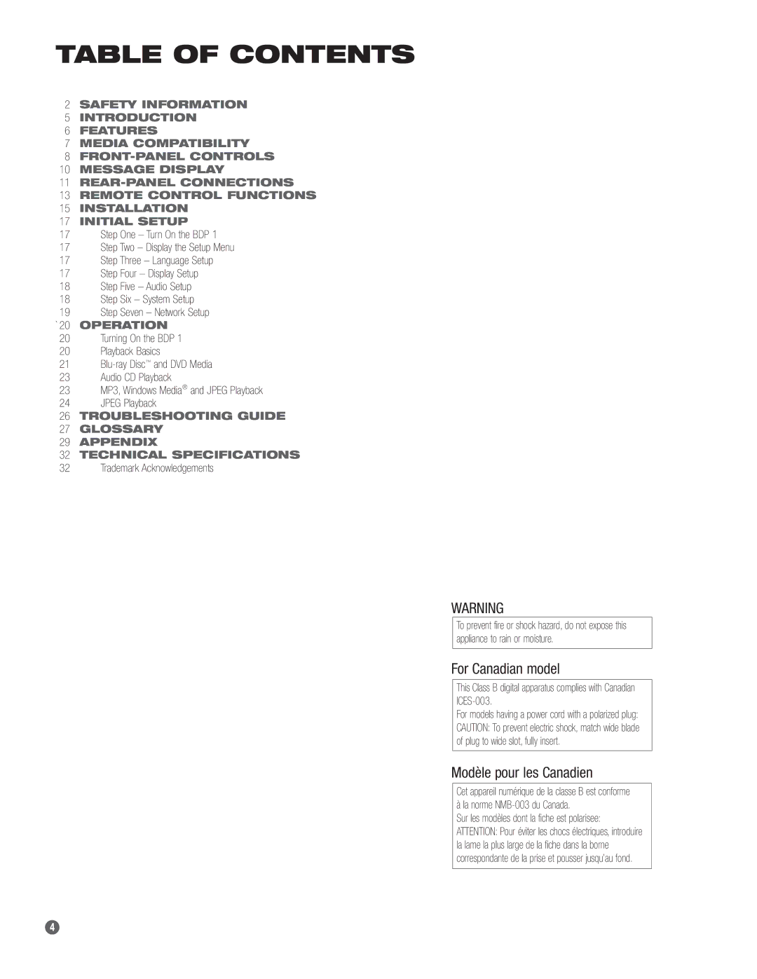 Harman-Kardon BDP 1 owner manual Table of Contents 