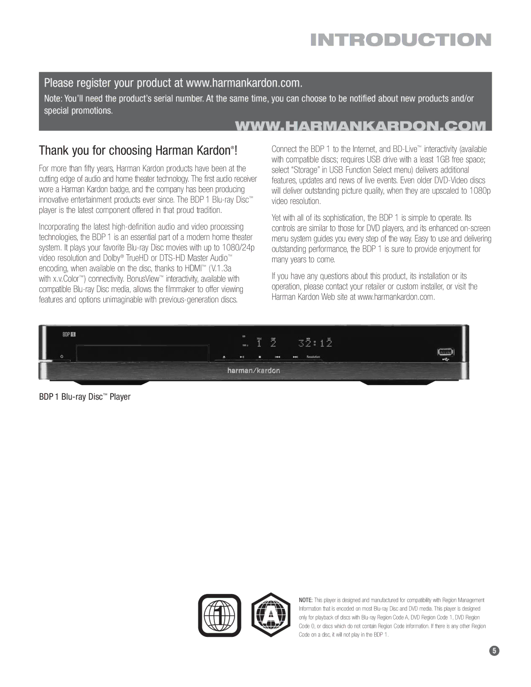 Harman-Kardon owner manual Introduction, BDP 1 Blu-ray Disc Player 