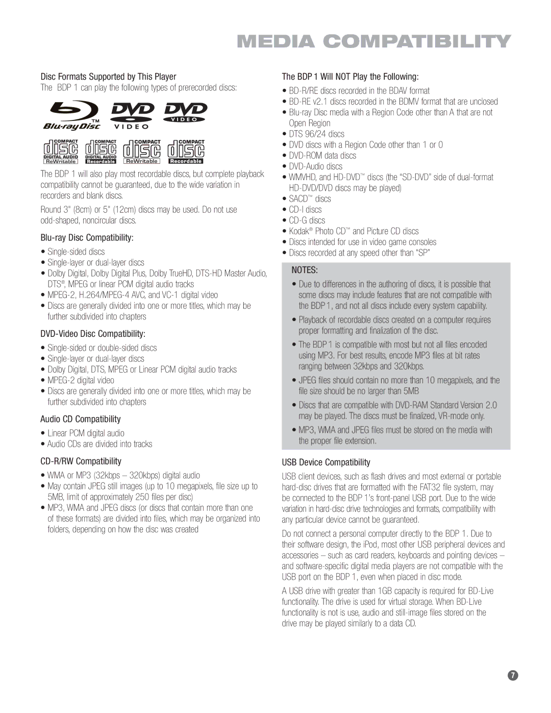 Harman-Kardon BDP 1 owner manual Media Compatibility, Disc Formats Supported by This Player, MPEG-2 digital video 