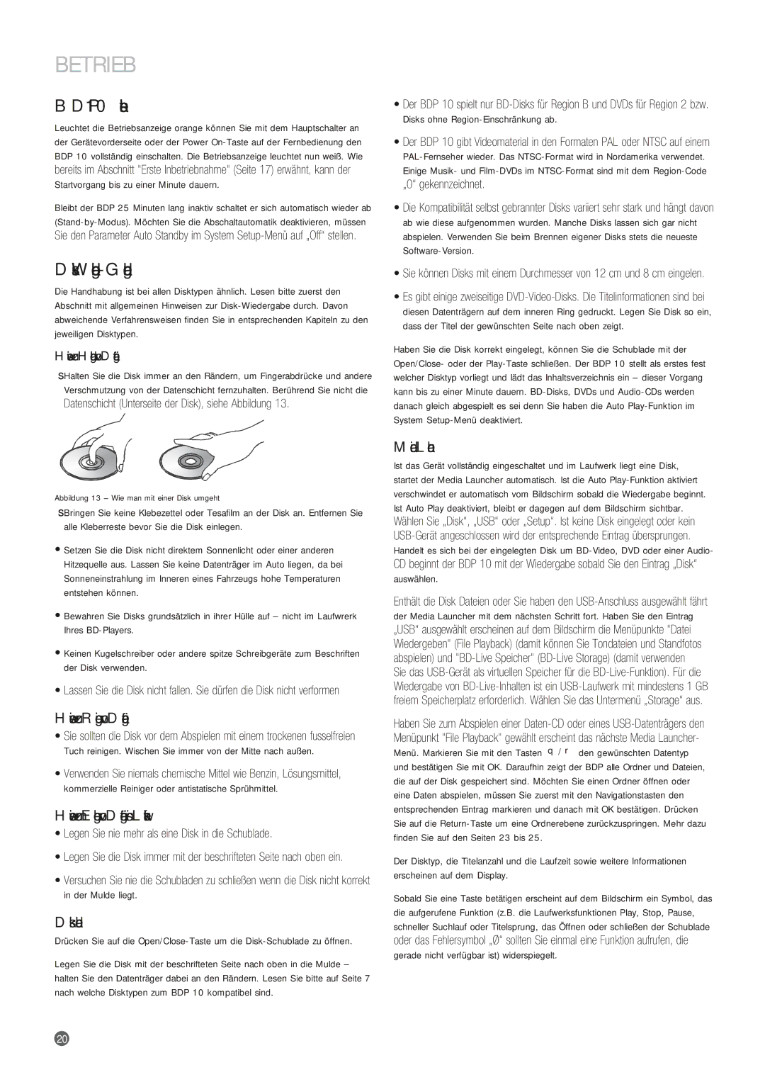 Harman-Kardon manual Betrieb, BDP 10 einschalten, Disk-Wiedergabe Grundlagen 