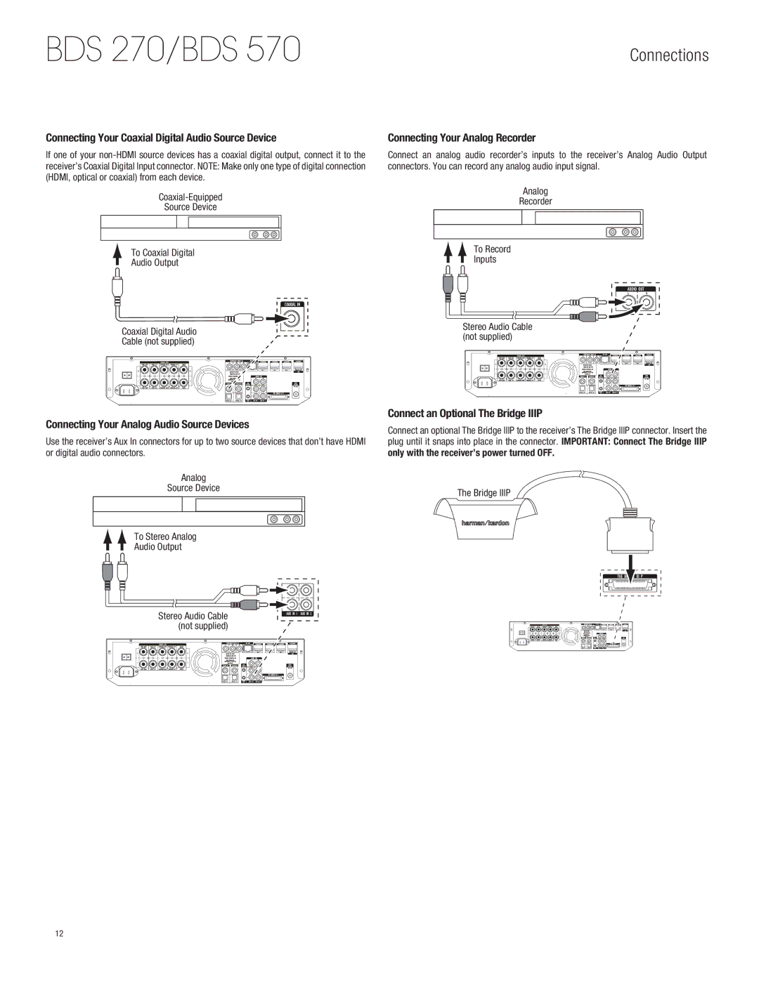 Harman-Kardon BDS770 owner manual Connecting Your Coaxial Digital Audio Source Device, Connecting Your Analog Recorder 