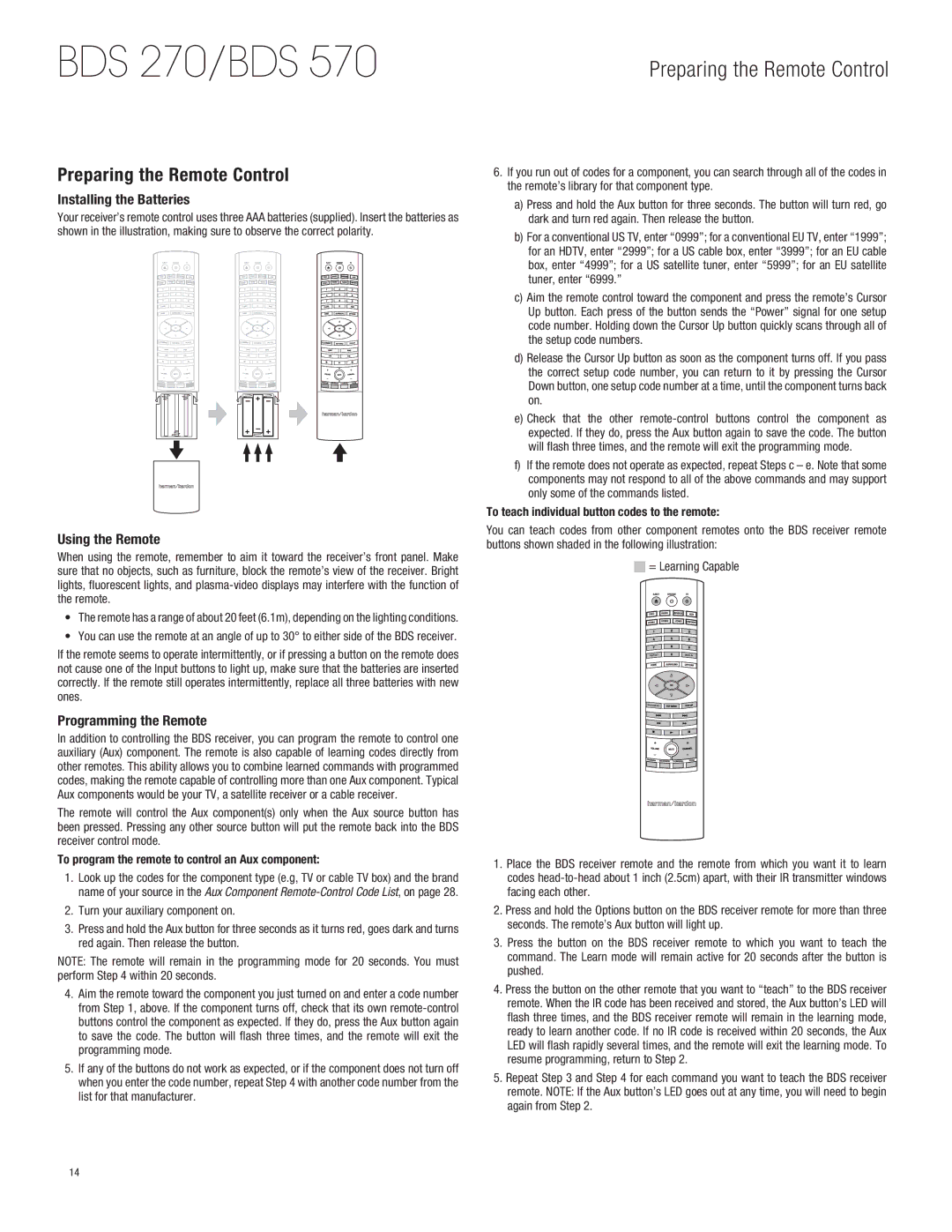 Harman-Kardon BDS770 Preparing the Remote Control, Installing the Batteries, Using the Remote, Programming the Remote 