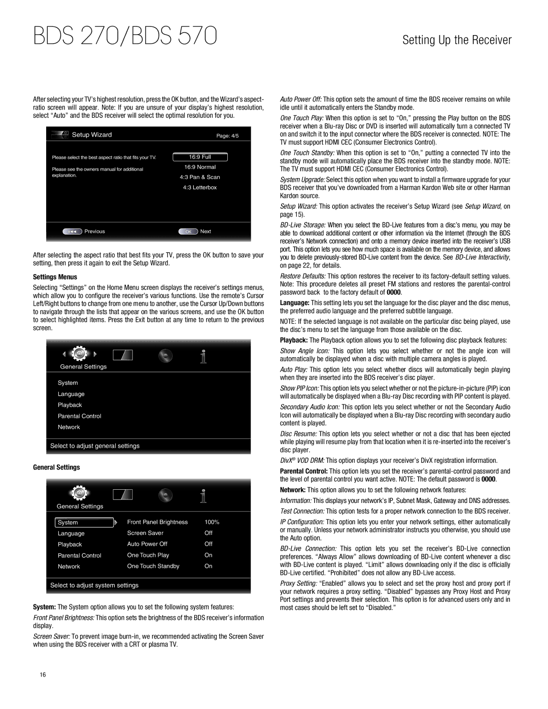 Harman-Kardon BDS770 owner manual Setting Up the Receiver, Settings Menus, General Settings 