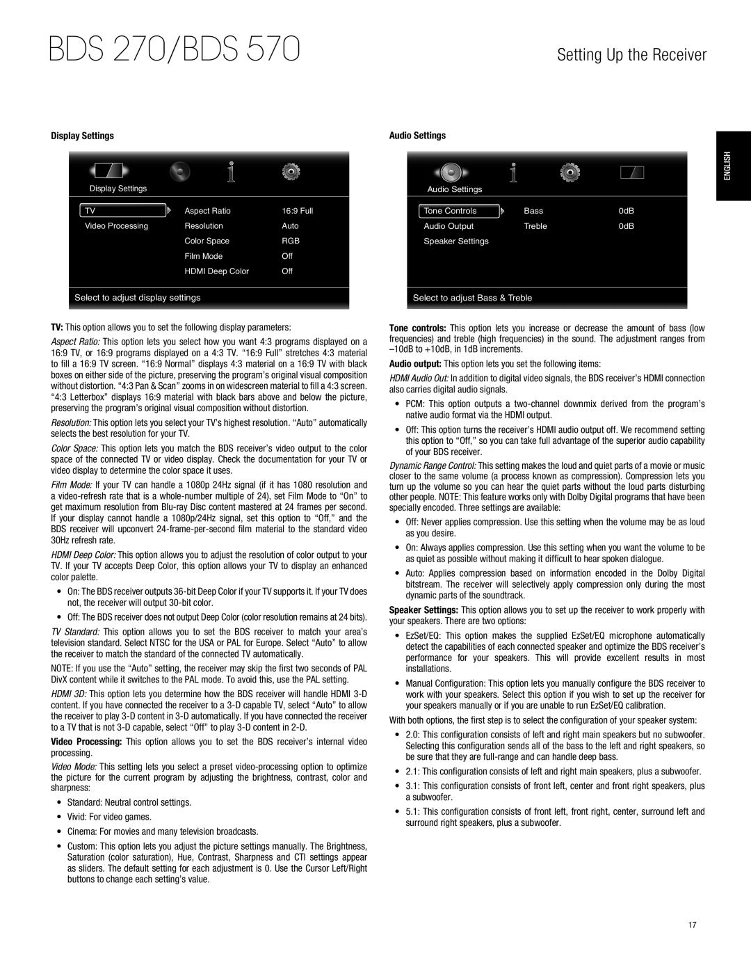 Harman-Kardon BDS770 owner manual Display Settings, Audio Settings 