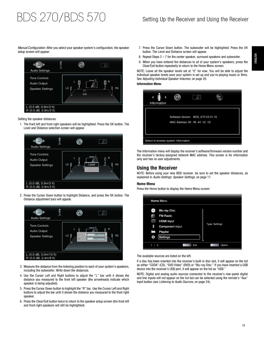 Harman-Kardon BDS770 owner manual Using the Receiver, Home Menu, Information Menu, Available sources are listed on the left 