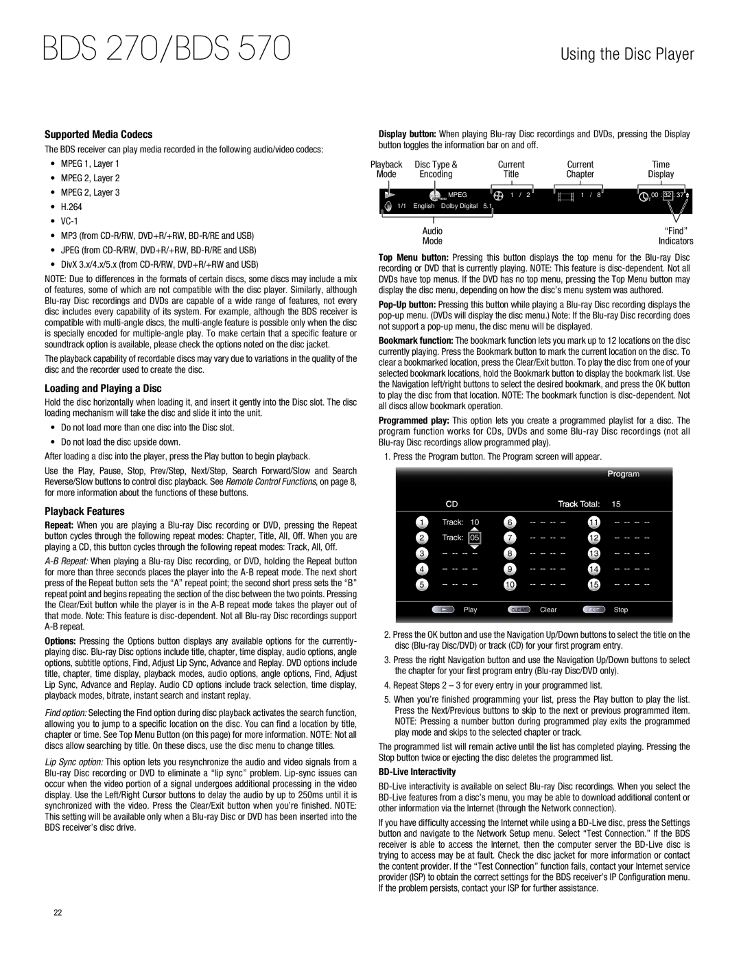 Harman-Kardon BDS770 Using the Disc Player, Supported Media Codecs, Loading and Playing a Disc, Playback Features 