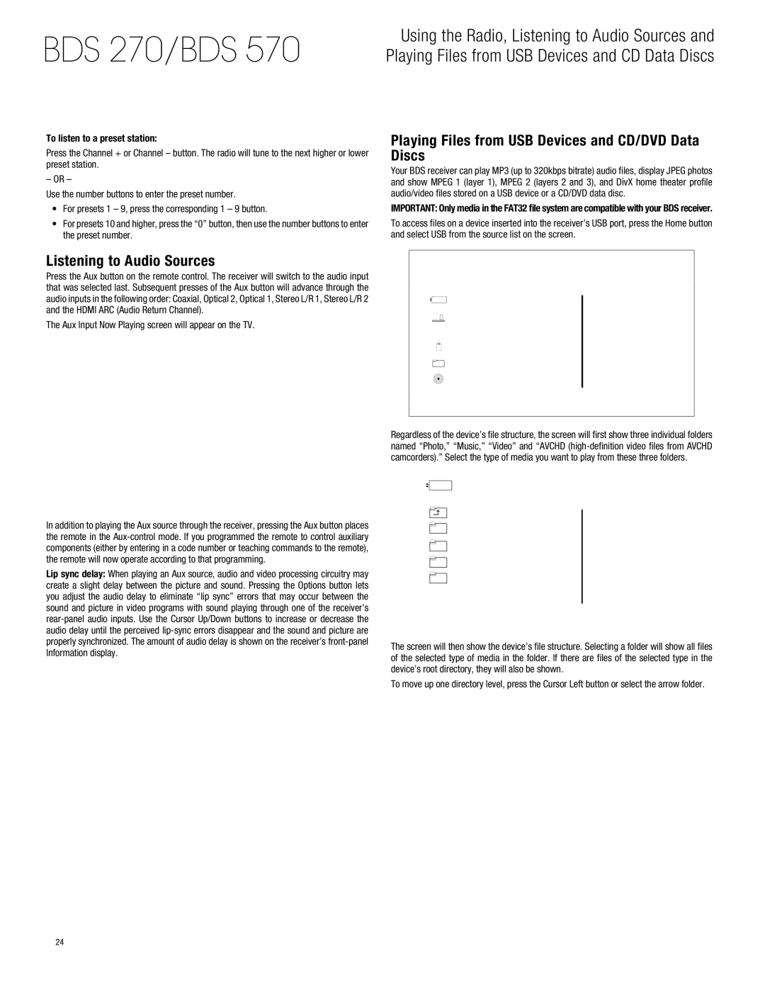 Harman-Kardon BDS770 owner manual Playing Files from USB Devices and CD/DVD Data Discs, Listening to Audio Sources 