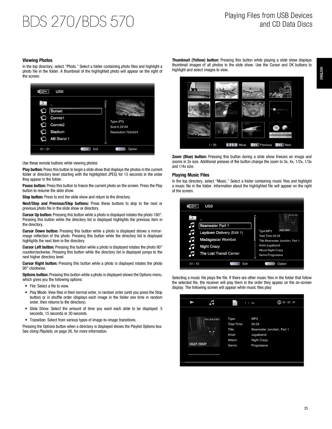 Harman-Kardon BDS770 owner manual Viewing Photos, Playing Music Files 