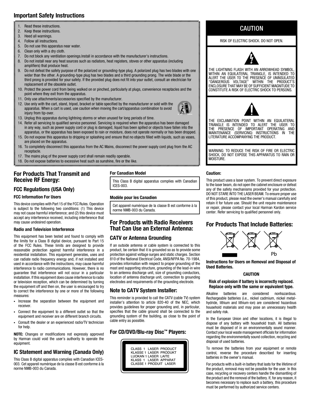 Harman-Kardon BDS770 owner manual Important Safety Instructions 