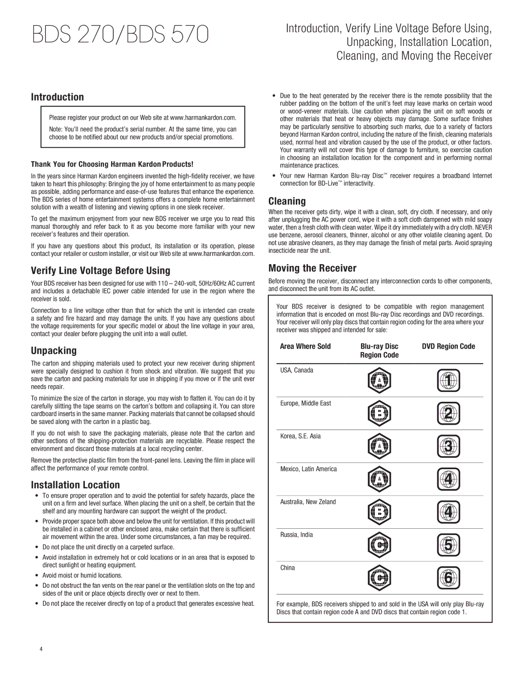 Harman-Kardon BDS770 Introduction, Verify Line Voltage Before Using, Unpacking, Installation Location, Cleaning 