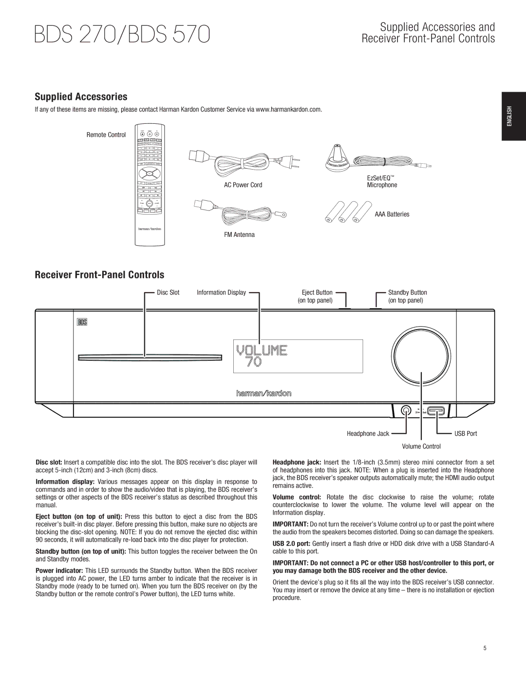 Harman-Kardon BDS770 owner manual Supplied Accessories, Receiver Front-Panel Controls 