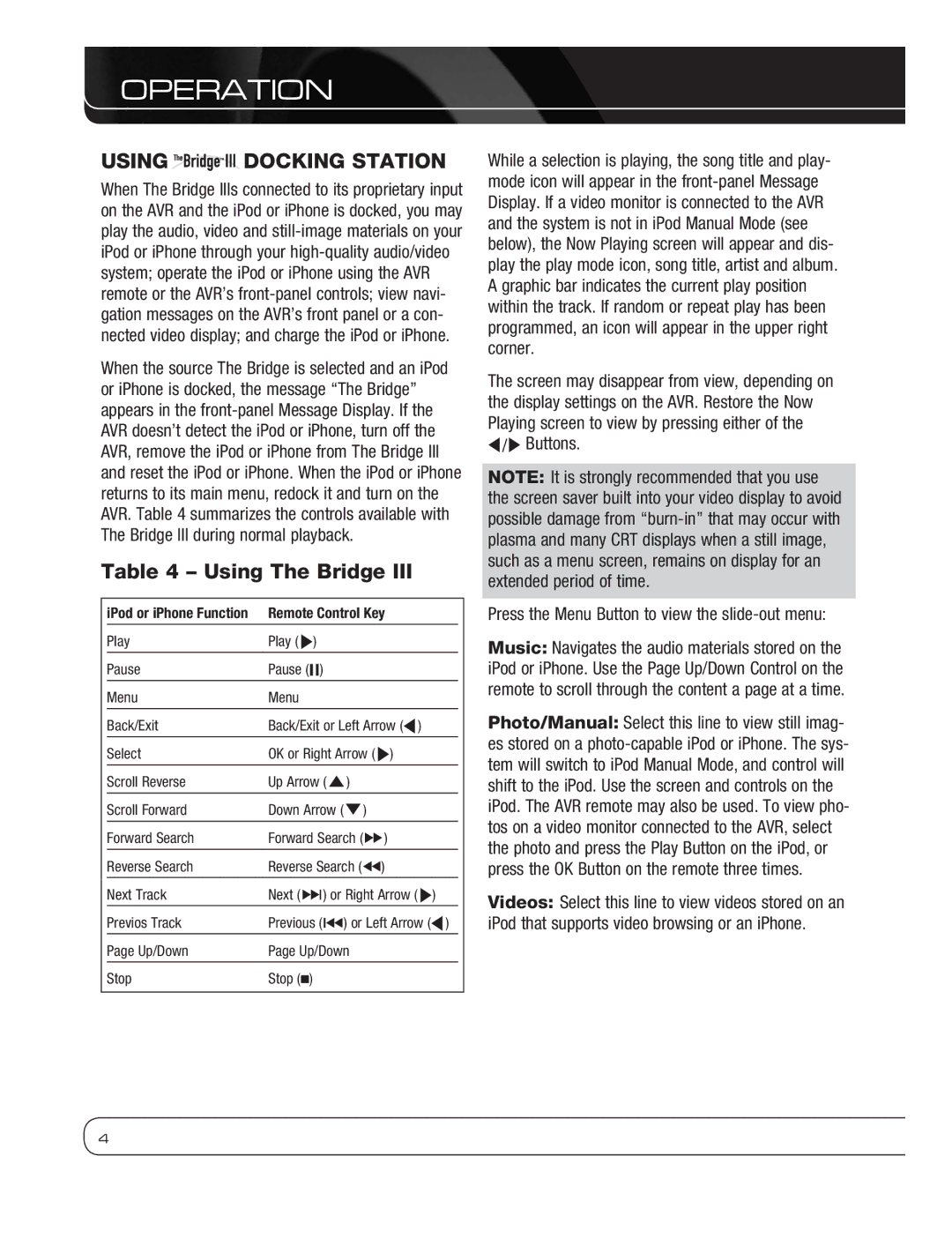 Harman-Kardon BRIDGEIII owner manual Using The Bridge, Buttons Press the Menu Button to view the slide-out menu 