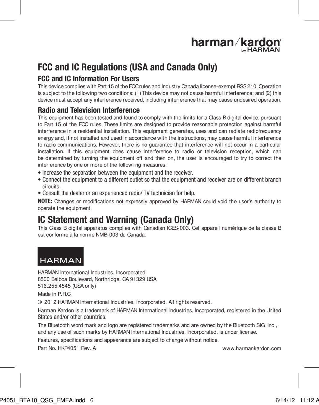 Harman-Kardon BTA 10 setup guide FCC and IC Regulations USA and Canada Only 