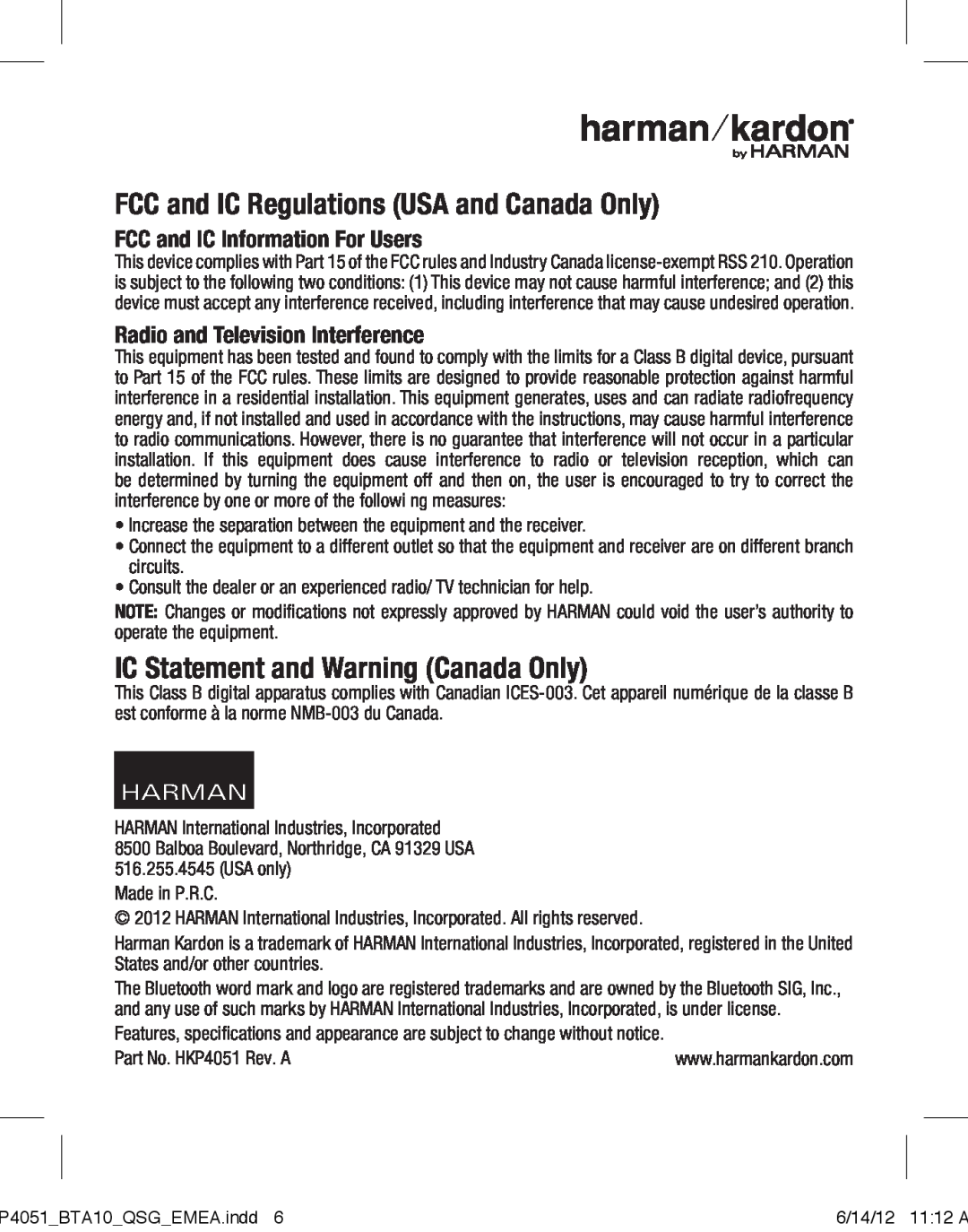 Harman-Kardon BTA 10 setup guide FCC and IC Regulations USA and Canada Only, IC Statement and Warning Canada Only 