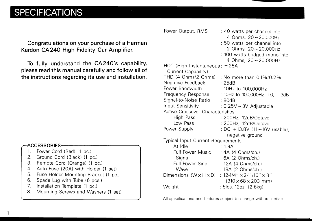 Harman-Kardon CA240 manual 