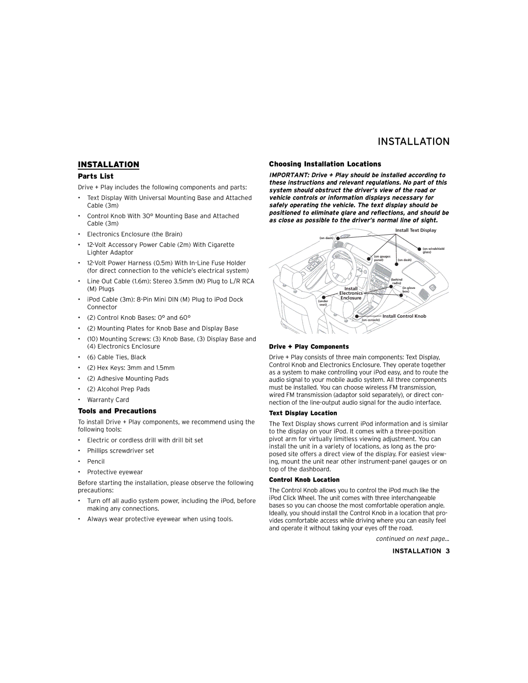 Harman-Kardon Car Stereo System owner manual Parts List, Tools and Precautions, Choosing Installation Locations 