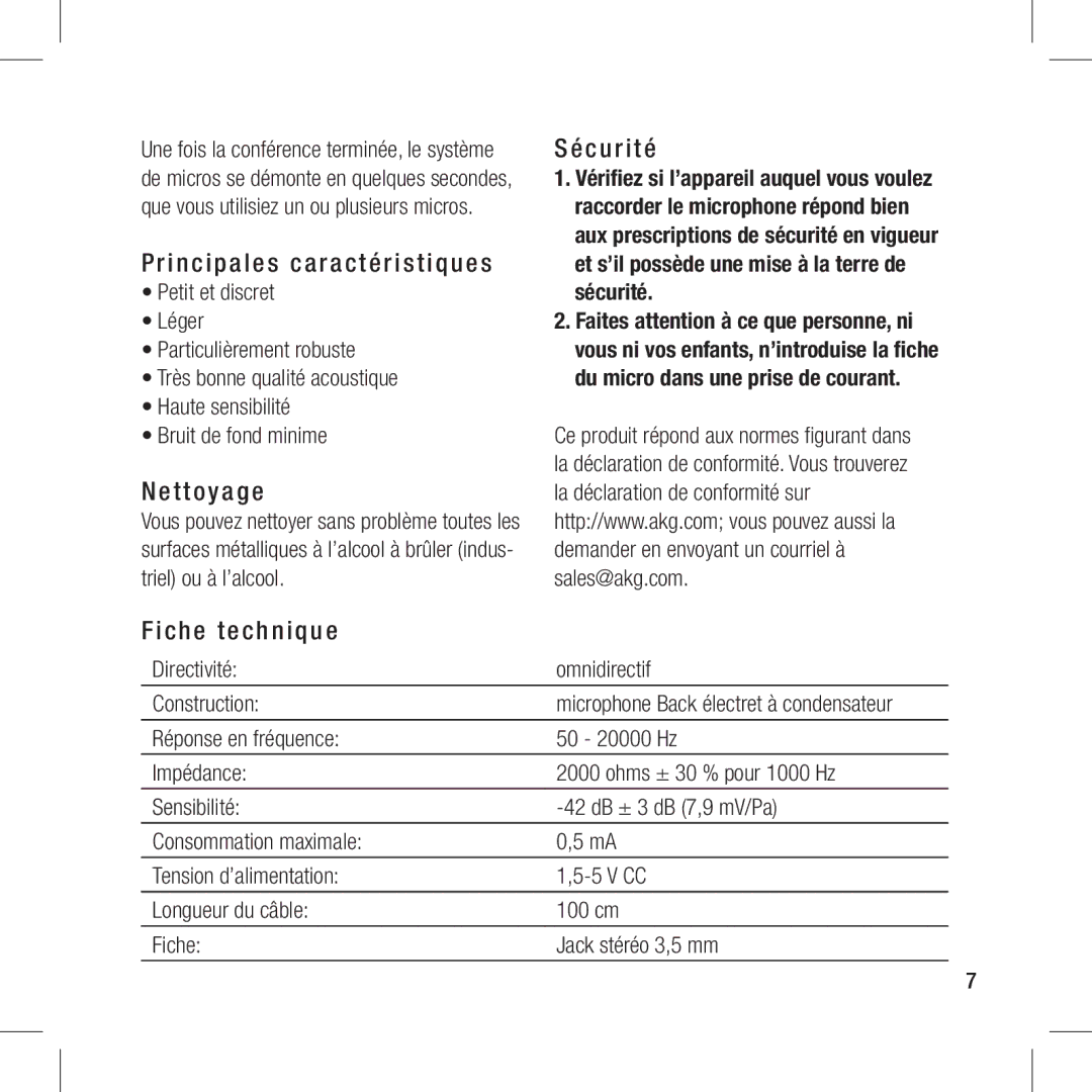 Harman-Kardon CBL 410 PCC manual Principales caractéristiques, Nettoyage, Sécurité, Fiche technique 