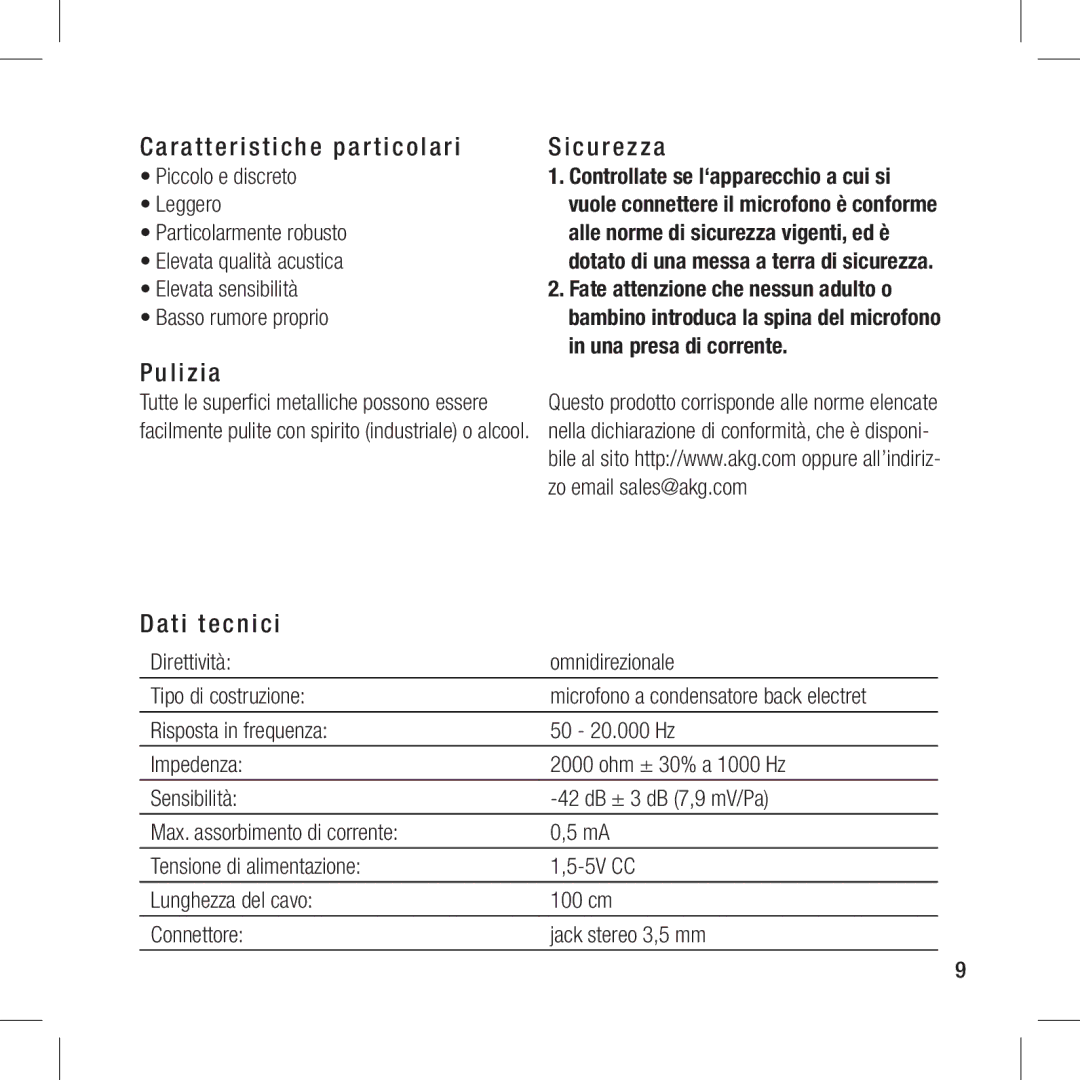 Harman-Kardon CBL 410 PCC manual Caratteristiche particolari, Pulizia, Dati tecnici, Sicurezza 