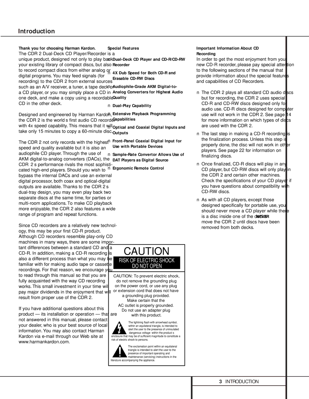 Harman-Kardon CDR 2 owner manual Introduction, Ergonomic Remote Control, Important Information About CD Recording 