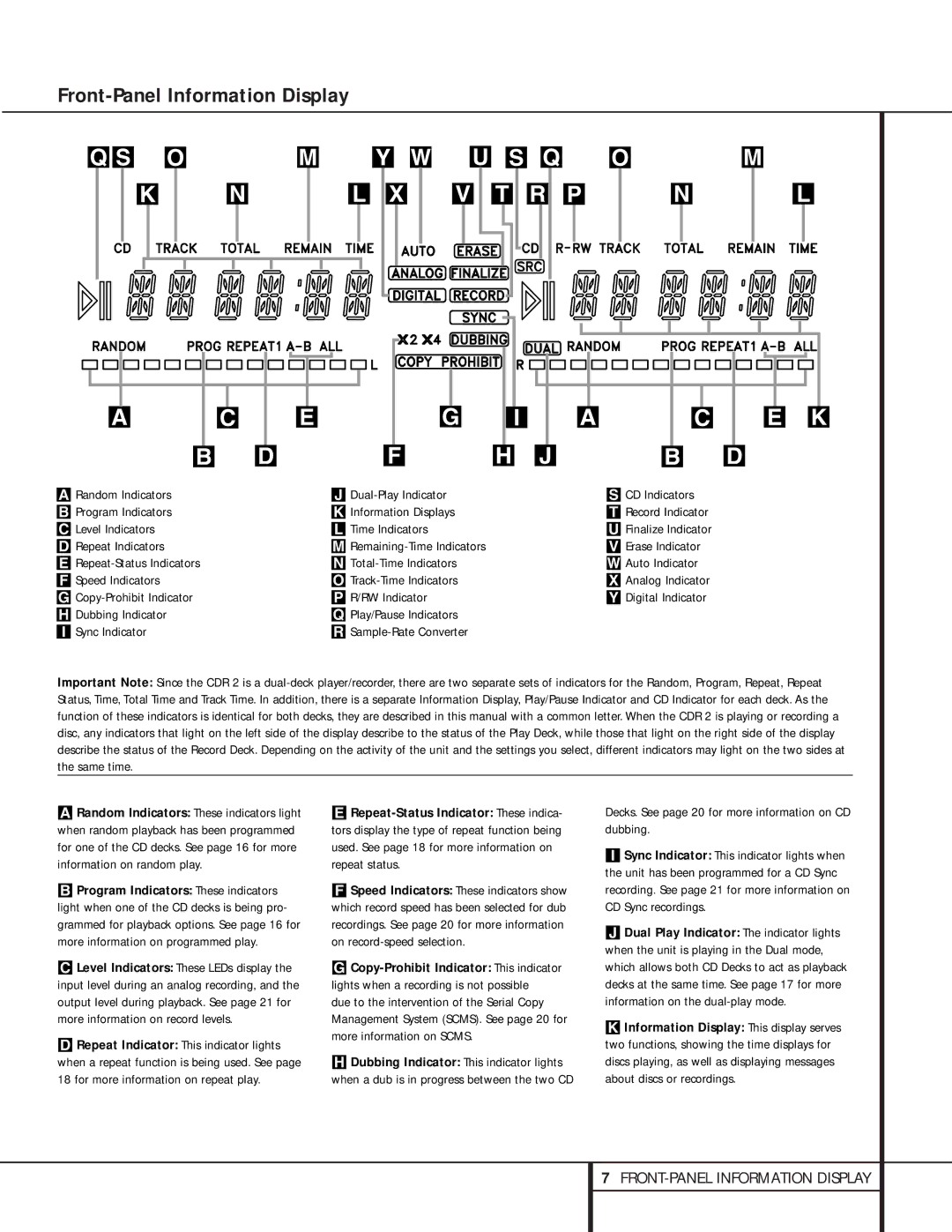 Harman-Kardon CDR 2 Front-Panel Information Display, Level Indicators Time Indicators, Repeat Indicators, Erase Indicator 
