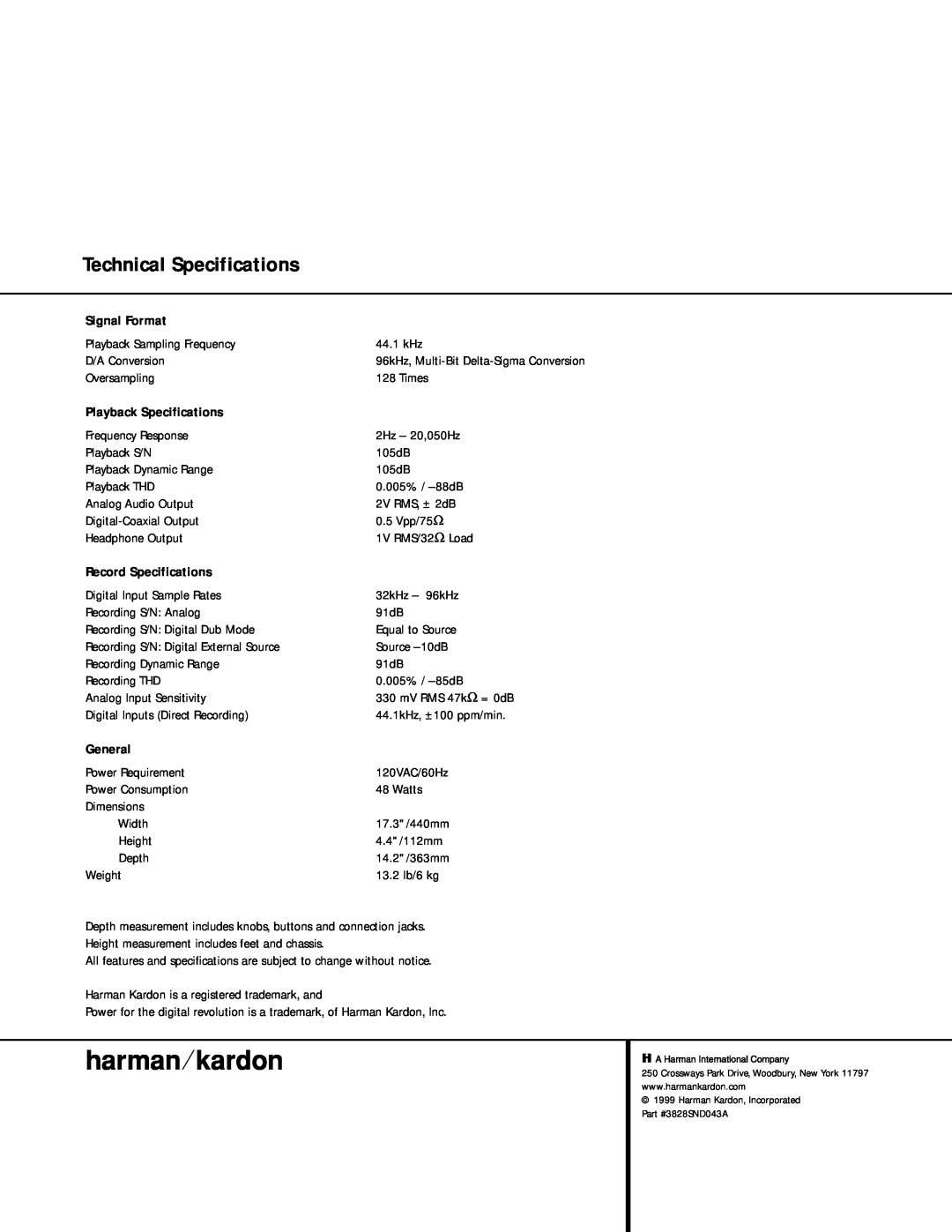 Harman-Kardon CDR 2 Technical Specifications, Signal Format, Playback Specifications, Record Specifications, General 