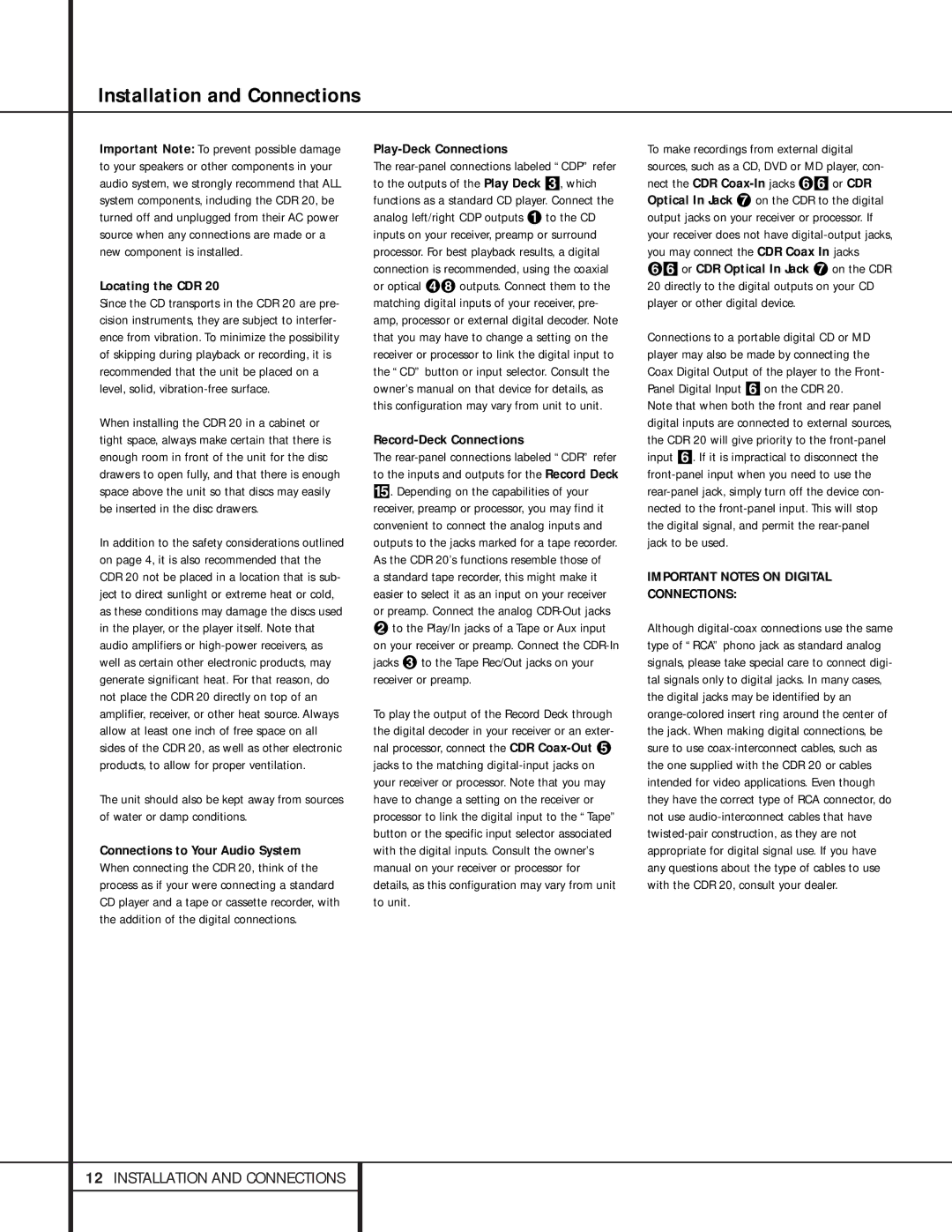 Harman-Kardon CDR 20, 76 Installation and Connections, Locating the CDR, Play-Deck Connections Record-Deck Connections 