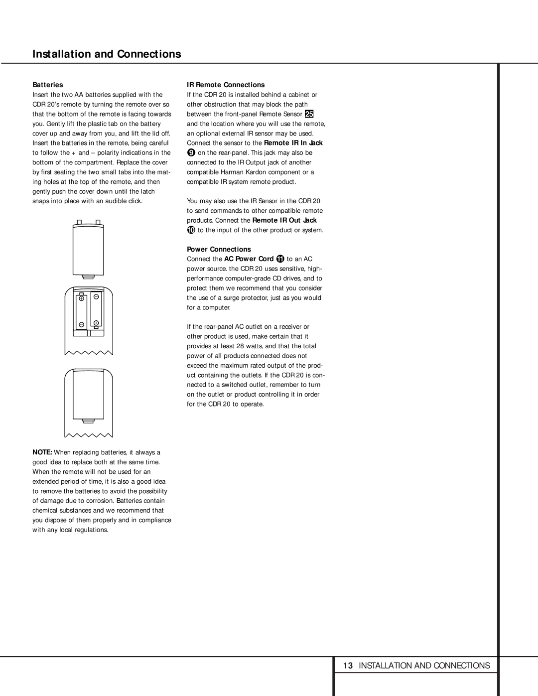 Harman-Kardon 76, CDR 20 Batteries, IR Remote Connections, To the input of the other product or system, Power Connections 