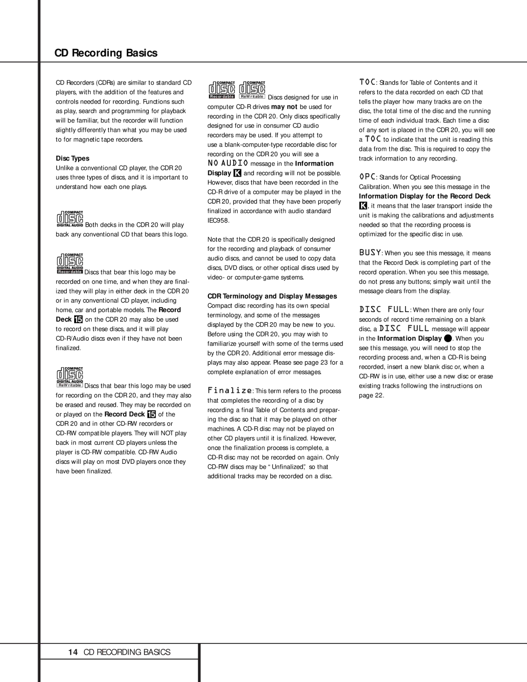 Harman-Kardon CD Player, CDR 20, 76 owner manual CD Recording Basics, Disc Types, Information Display for the Record Deck 