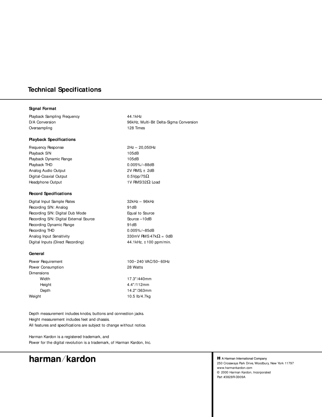 Harman-Kardon CDR 20, 76 Technical Specifications, Signal Format, Playback Specifications, Record Specifications, General 