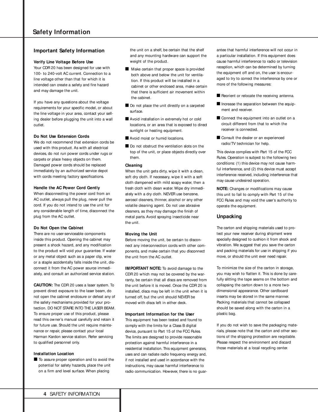 Harman-Kardon 76, CDR 20, CD Player owner manual Safety Information 