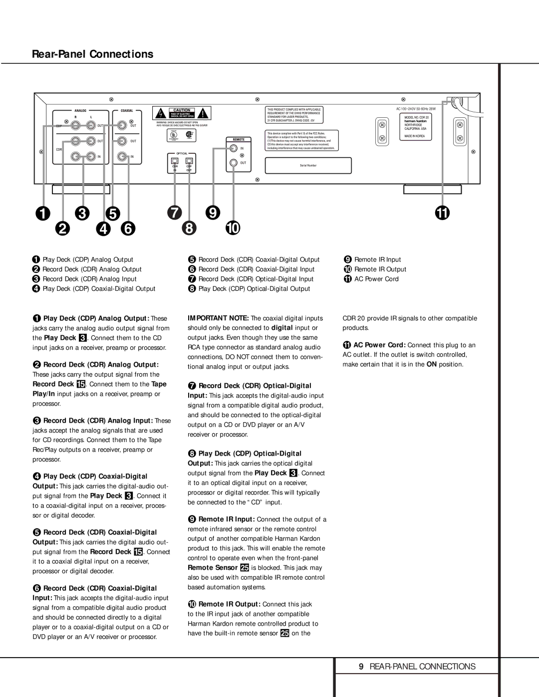 Harman-Kardon CDR 20, 76, CD Player owner manual Rear-Panel Connections, ¥ Play Deck CDP Optical-Digital 