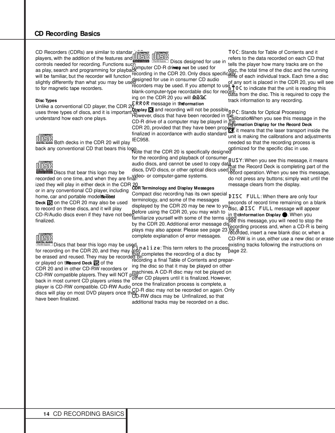 Harman-Kardon CDR 20 owner manual CD Recording Basics, Disc Types, Information Display for the Record Deck 