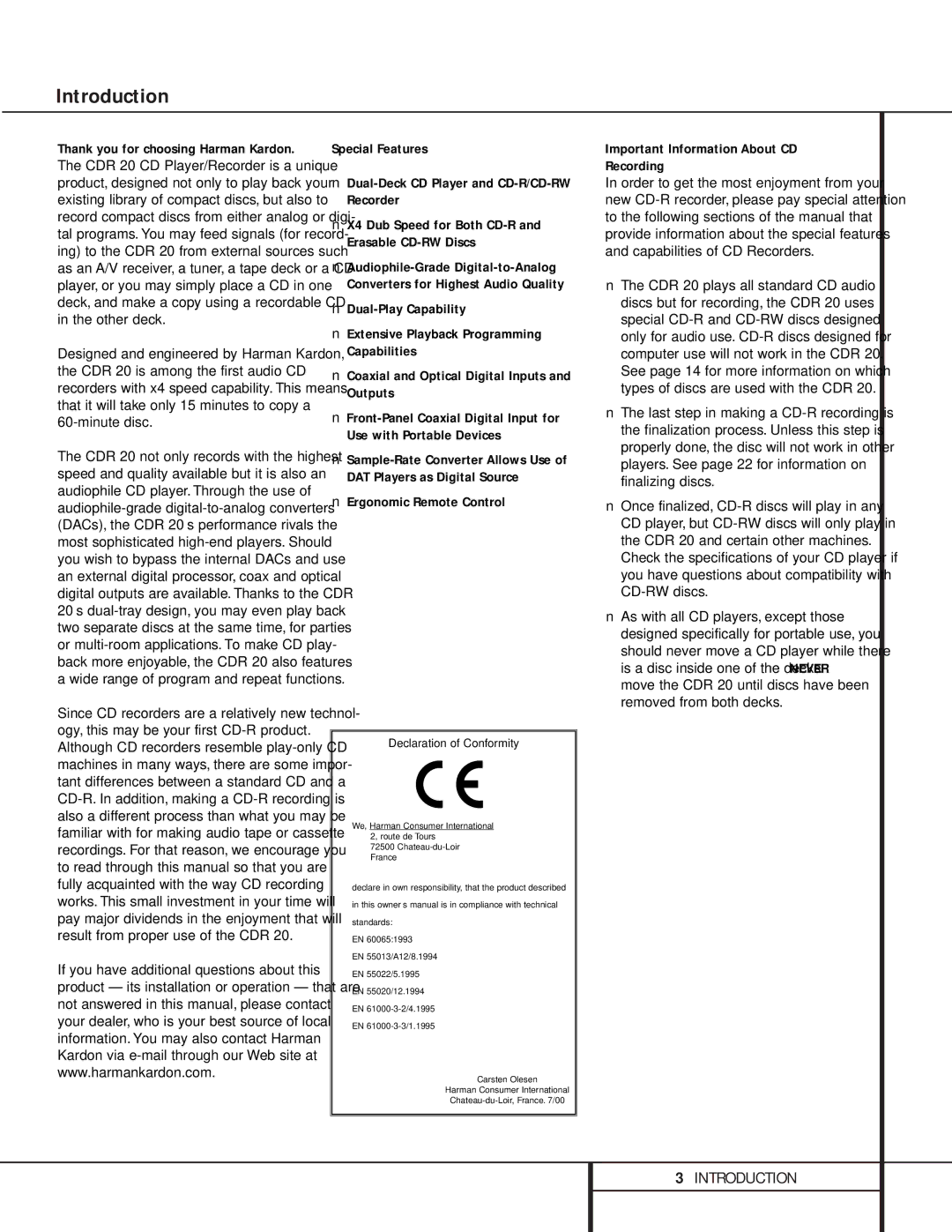 Harman-Kardon CDR 20 owner manual Introduction, Ergonomic Remote Control, Important Information About CD Recording 