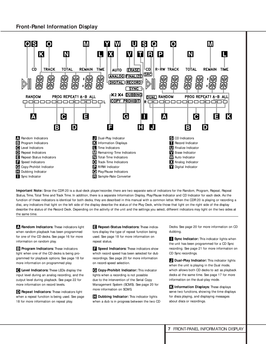 Harman-Kardon CDR 20 Front-Panel Information Display, Level Indicators Time Indicators, Repeat Indicators, Erase Indicator 