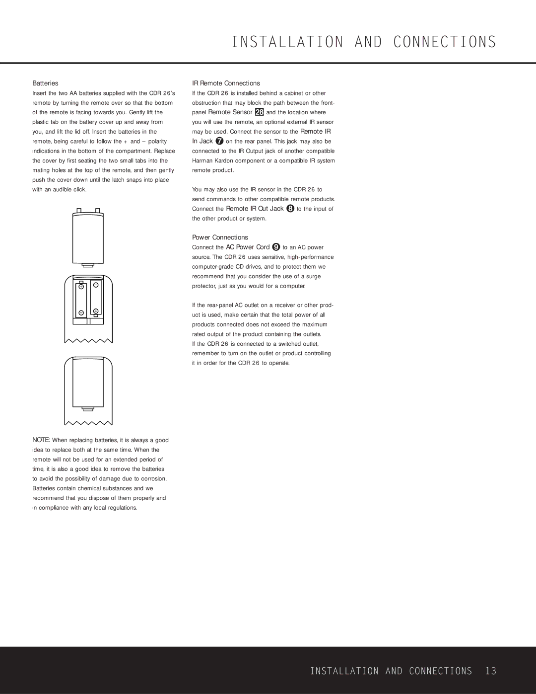 Harman-Kardon CDR 26 owner manual Batteries, IR Remote Connections, Power Connections 