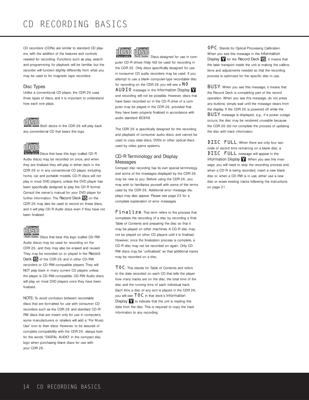 Harman-Kardon CDR 26 owner manual CD Recording Basics, Disc Types, CD-R Terminology and Display Messages, Your CDR 