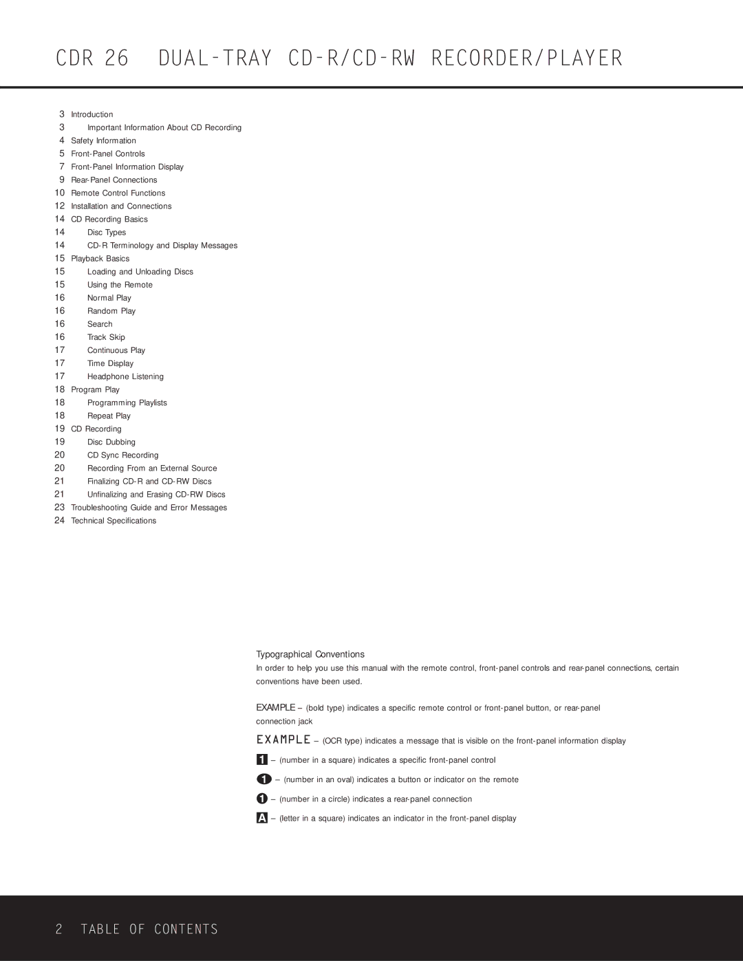 Harman-Kardon owner manual CDR 26 DUAL-TRAY CD-R/CD-RW RECORDER/PLAYER, Table of Contents 