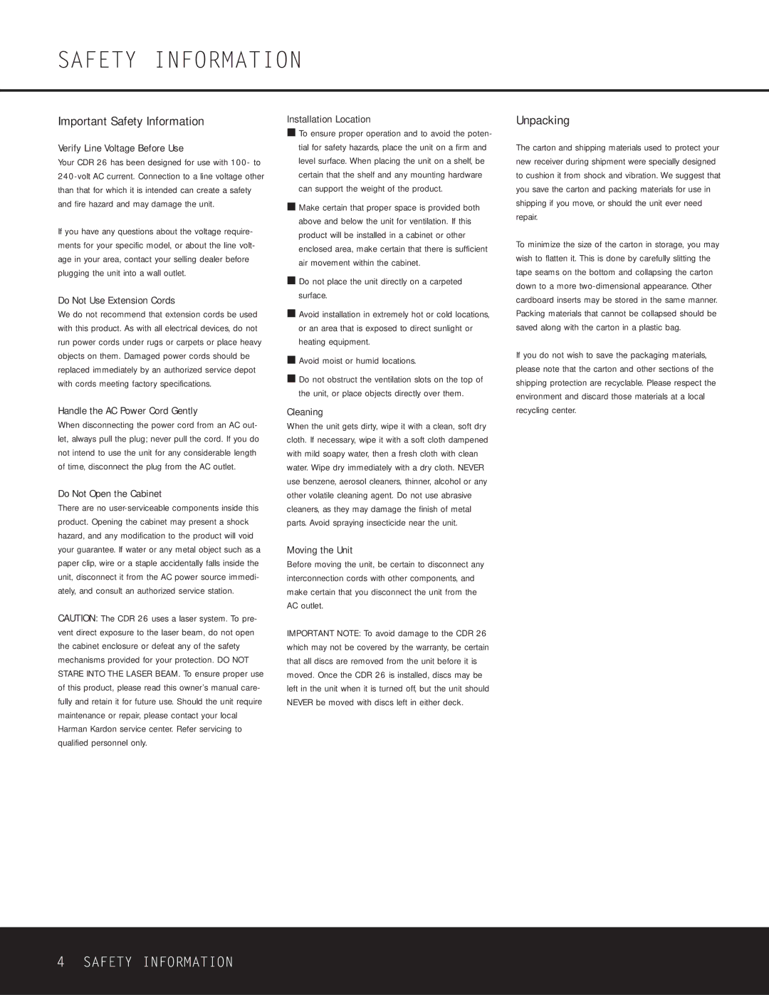 Harman-Kardon CDR 26 owner manual Important Safety Information, Unpacking 