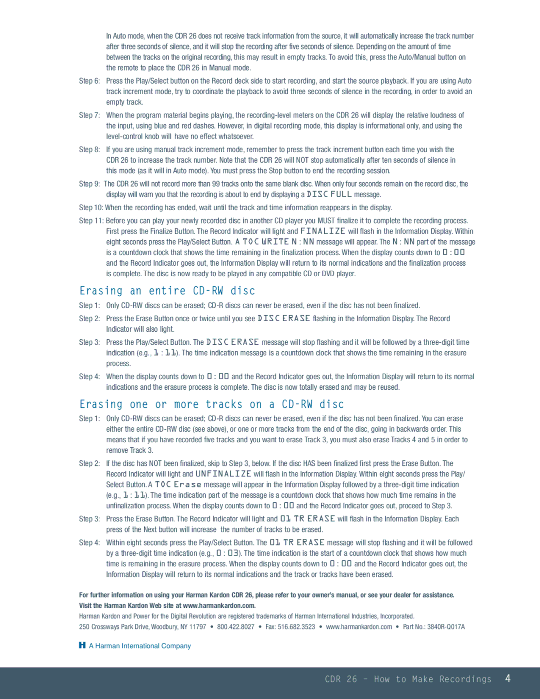 Harman-Kardon CDR 26 owner manual Erasing an entire CD-RW disc, Erasing one or more tracks on a CD-RW disc 