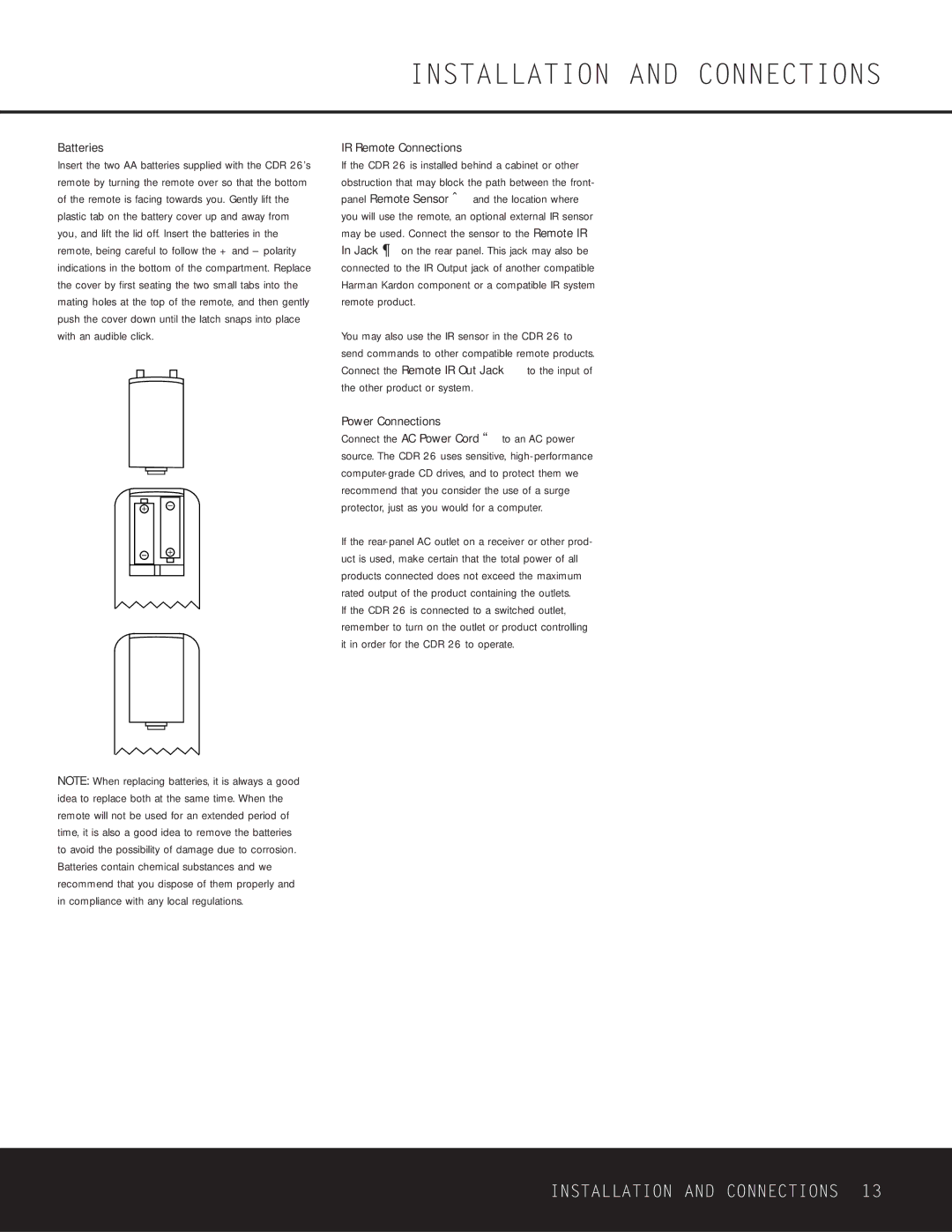 Harman-Kardon CDR 26 owner manual Batteries, IR Remote Connections, Power Connections 