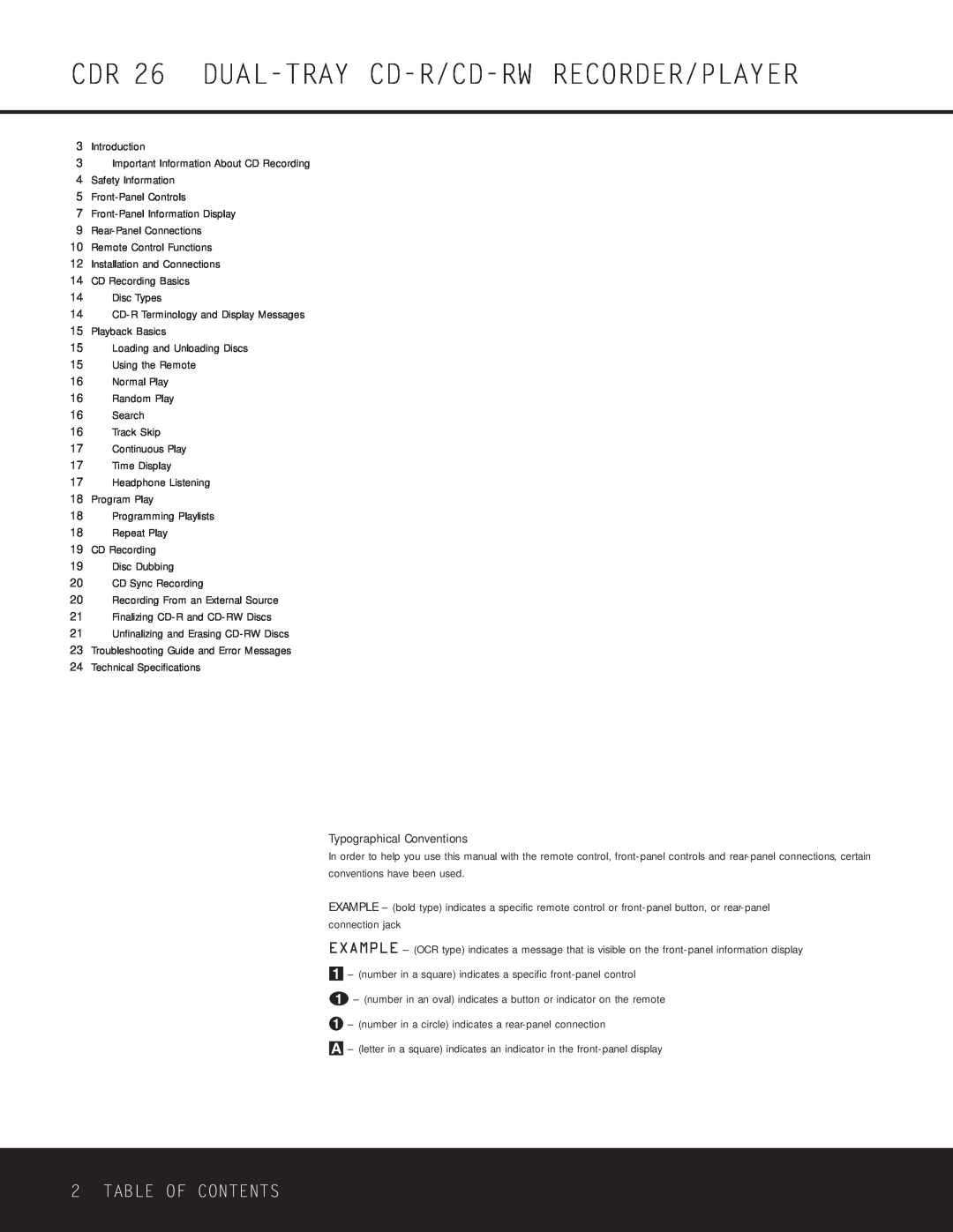 Harman-Kardon owner manual CDR 26 DUAL-TRAY CD-R/CD-RWRECORDER/PLAYER, Table Of Contents 