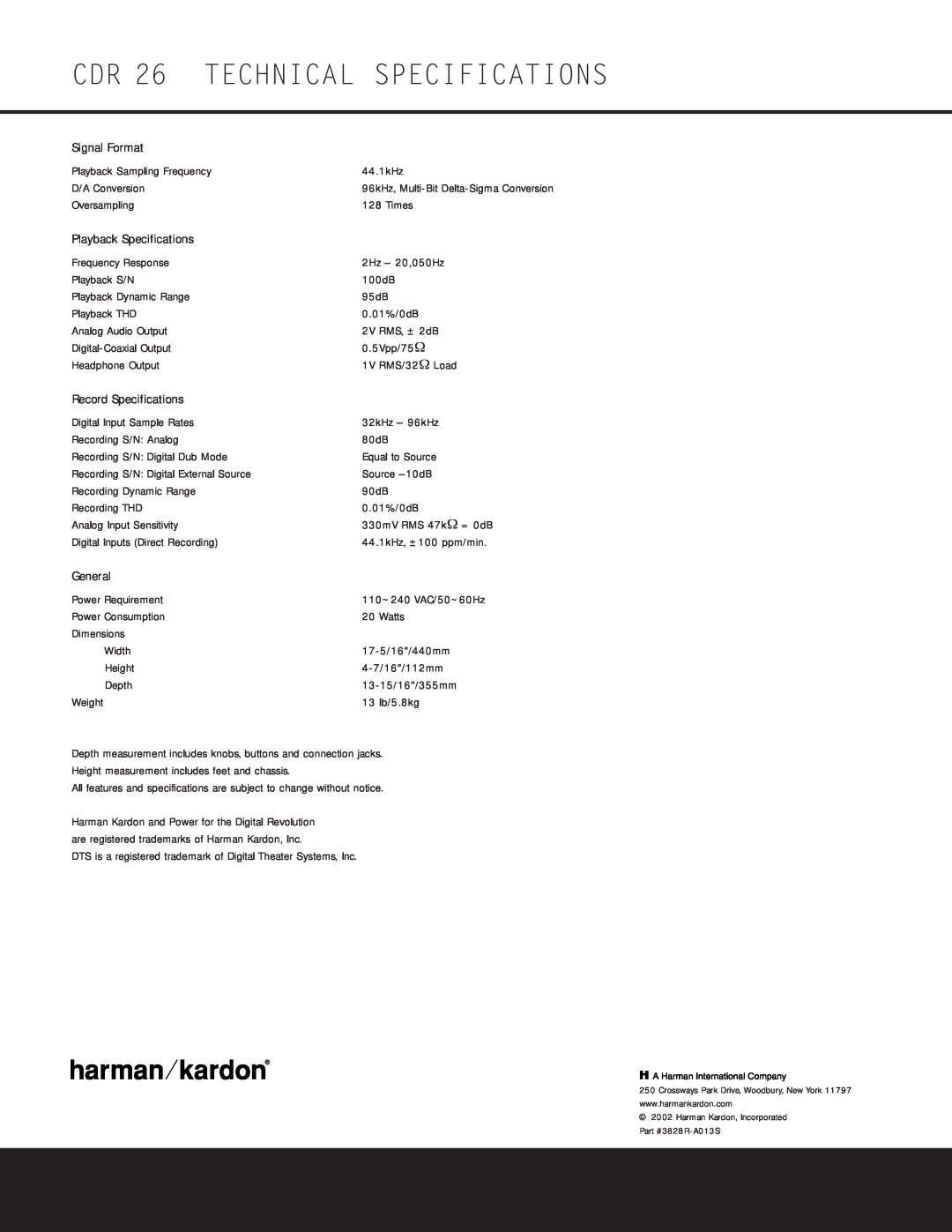 Harman-Kardon owner manual CDR 26 TECHNICAL SPECIFICATIONS 