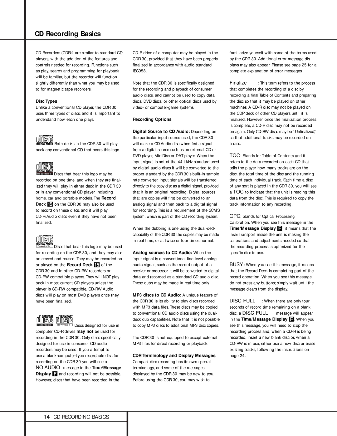 Harman-Kardon CDR 30 owner manual CD Recording Basics, Disc Types, Recording Options 