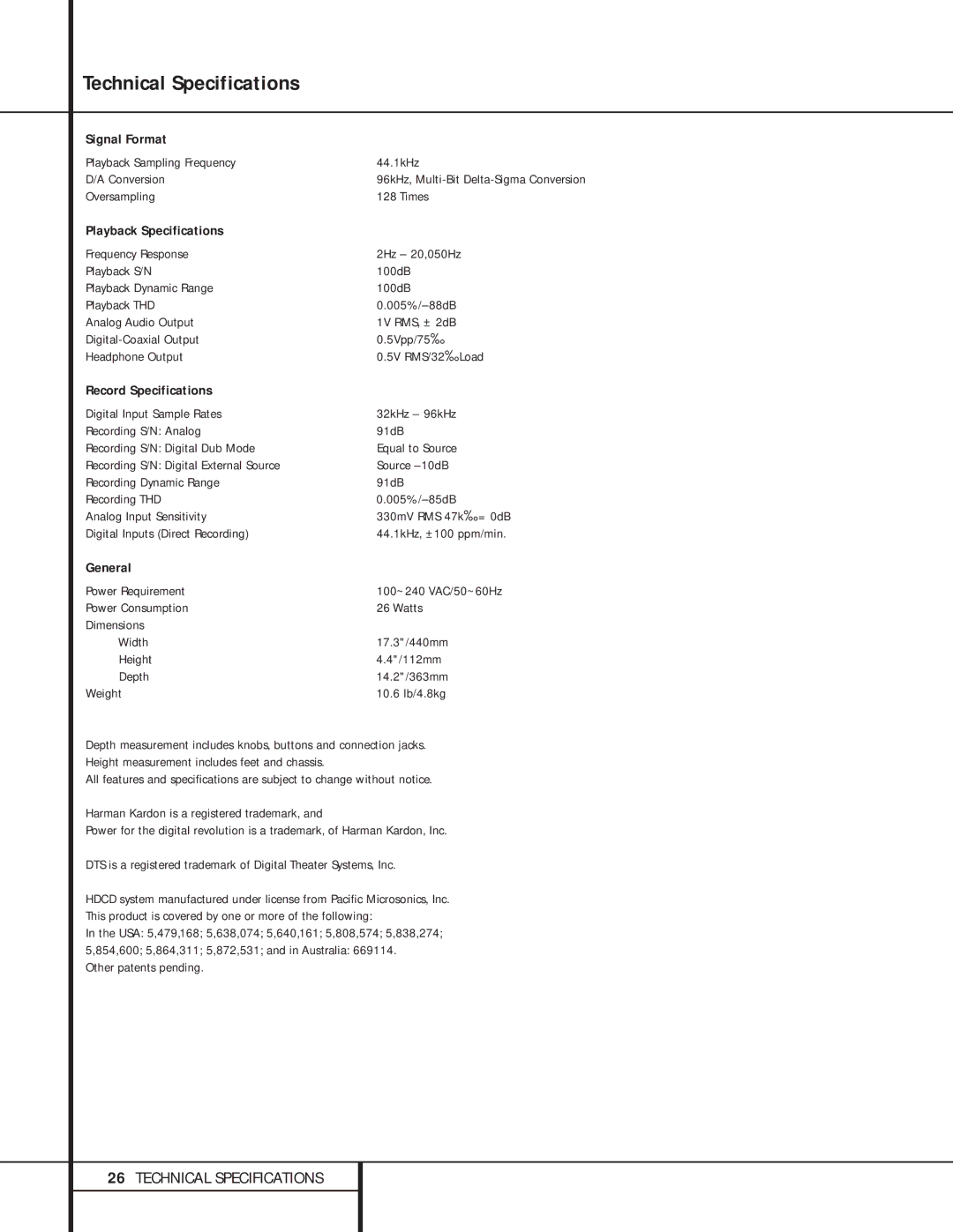 Harman-Kardon CDR 30 Technical Specifications, Signal Format, Playback Specifications, Record Specifications, General 