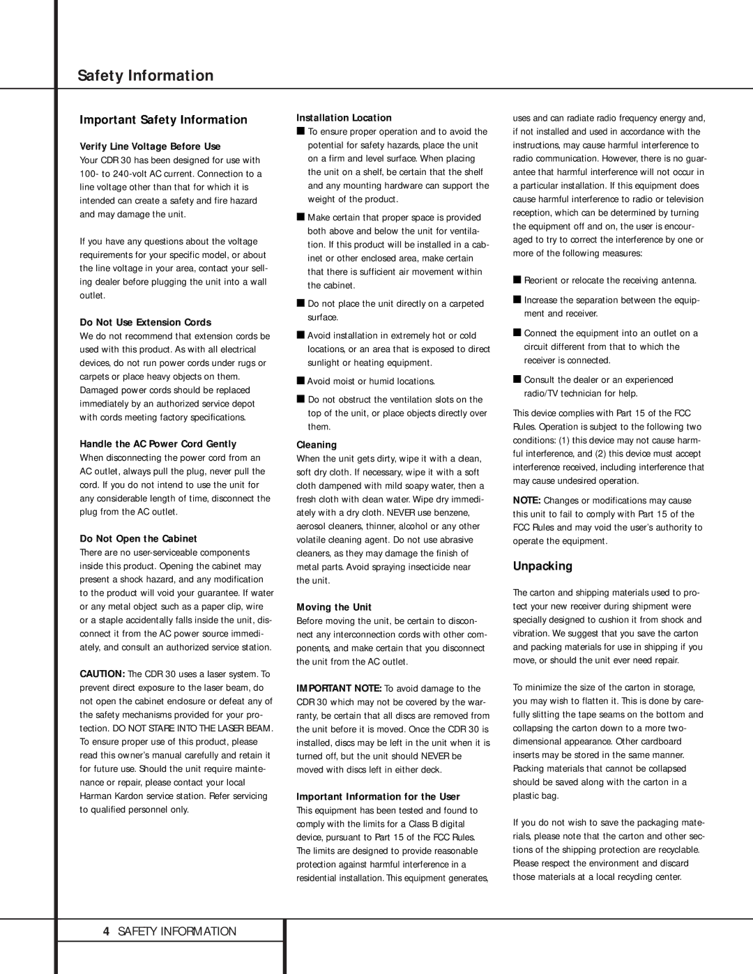 Harman-Kardon CDR 30 owner manual Safety Information 