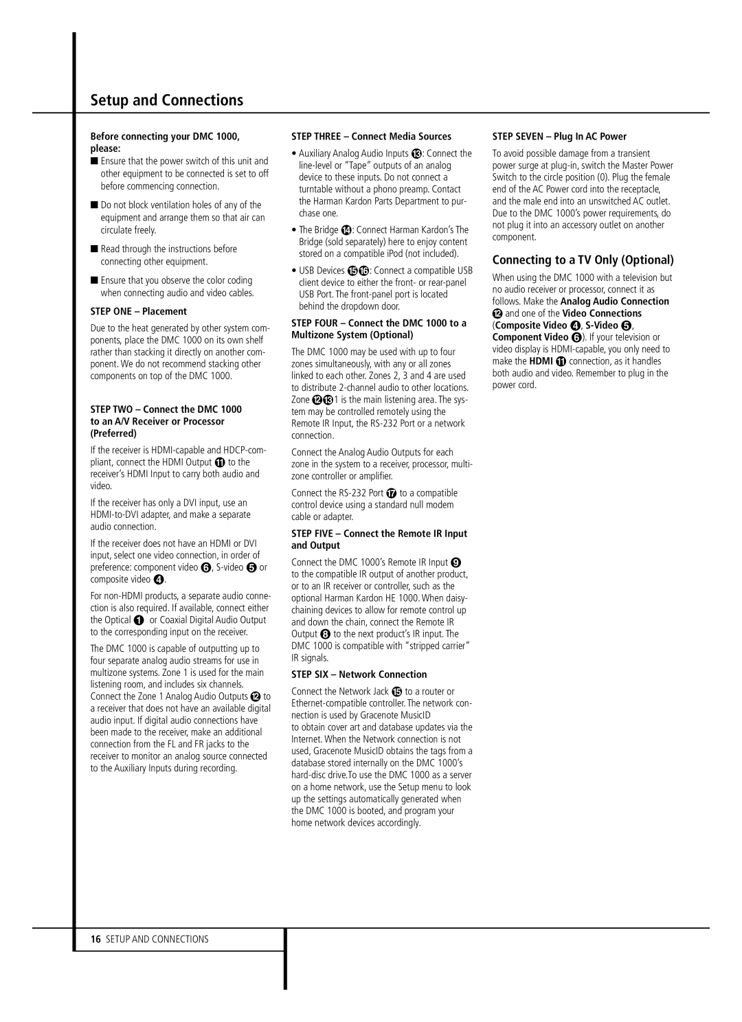 Harman-Kardon DMC 1000 owner manual Setup and Connections, Connecting to a TV Only Optional 