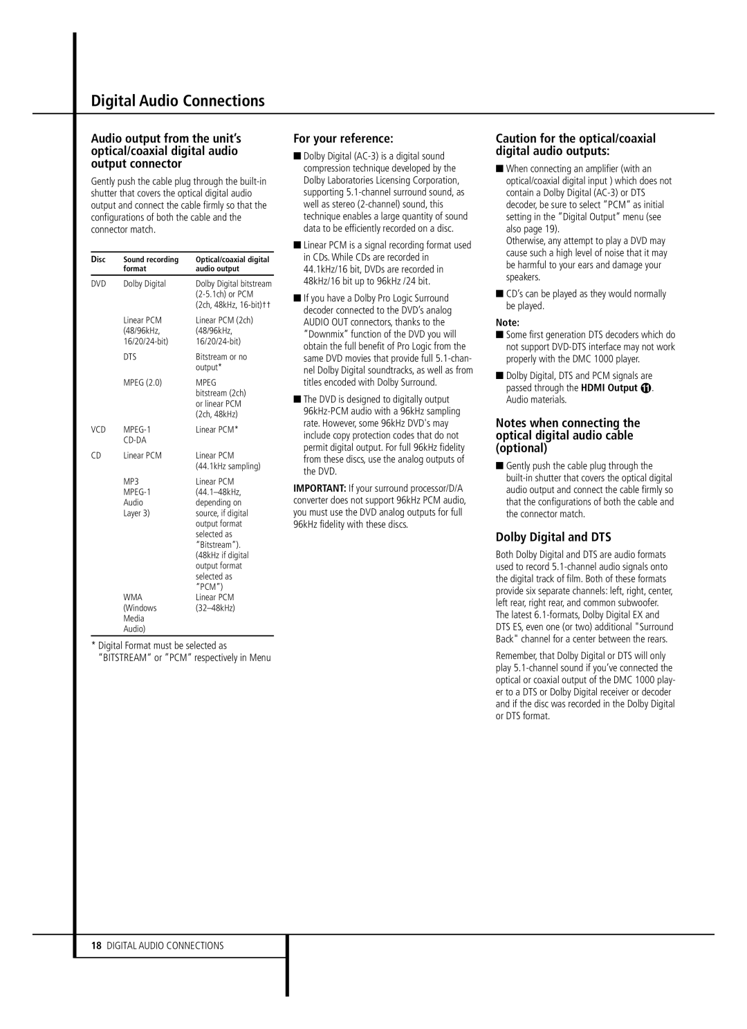 Harman-Kardon DMC 1000 For your reference, Dolby Digital and DTS, CD’s can be played as they would normally be played 